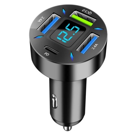 Autós töltő, 12/24V - 5V/3.1A, QC töltő (Quick Charge), 3x USB, 1x Type-C, digitális voltmérő