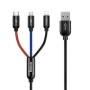 Adat-/töltőkábel, Baseus 3 az 1-ben, USB A - Type-C, Lightning, Micro USB, 3A, 1,2 m, fekete, CAMLT-BSY01