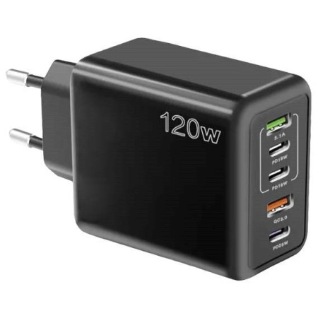 Tápegység, telefontöltő, 220V - 2xUSB, 3xType-C, PD, QC 3.0, összesen 120W