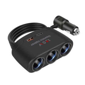 Autós szivargyújtó elosztó, 3 aljzat, USB + Type-C, 12/24V, 120W, fekete