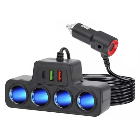 Autós szivargyújtó elosztó, 4 aljzat, LED világítás, 2× USB + Type-C, 12/24V, 120W