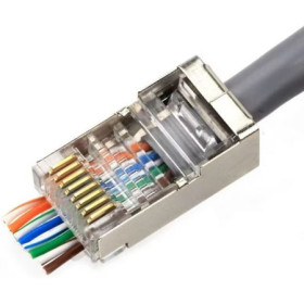 RJ45 UTP/FTP CAT6E hálózati csatlakozó, árnyékolt, pass-through típus, műanyag + fém